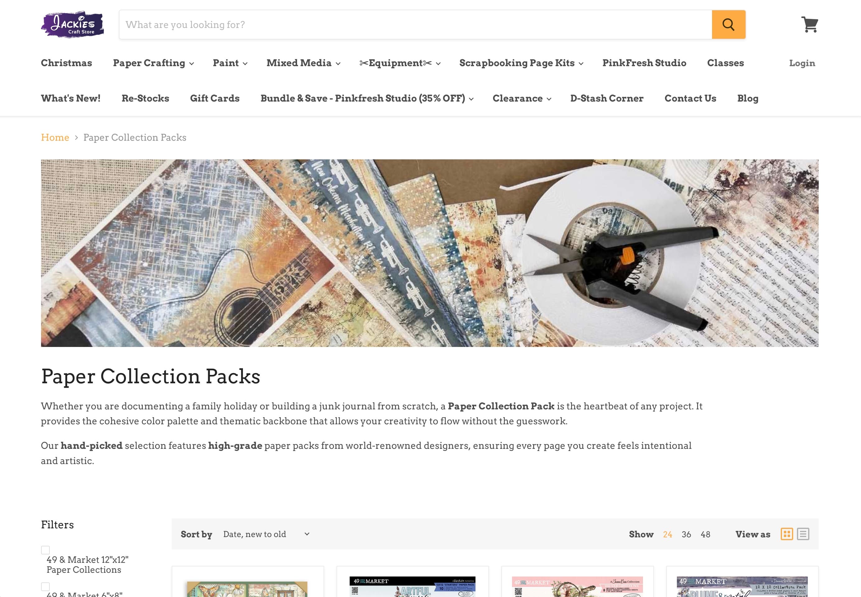 Screenshot of Jackies Craft Store Shopify category page for paper collection packs