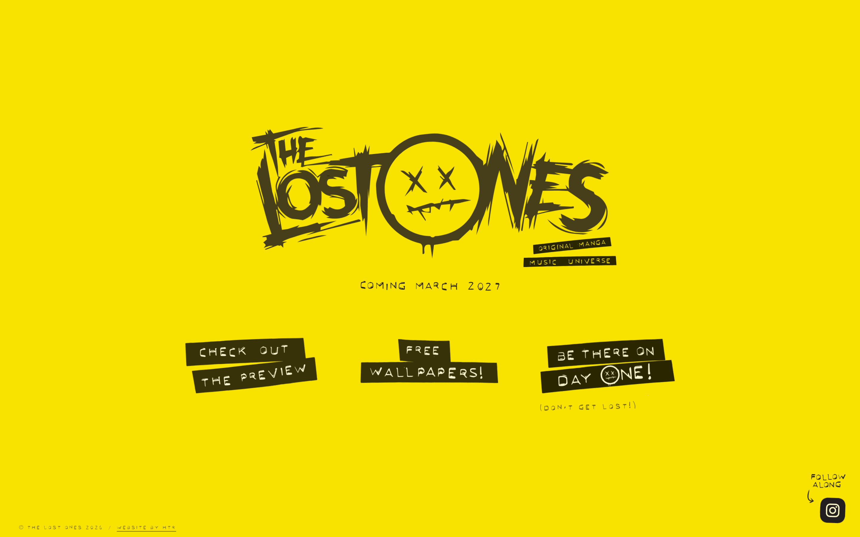 The Lost Ones foundearly page, a hand drawn logo in black on yellow above a March 2027 launch date