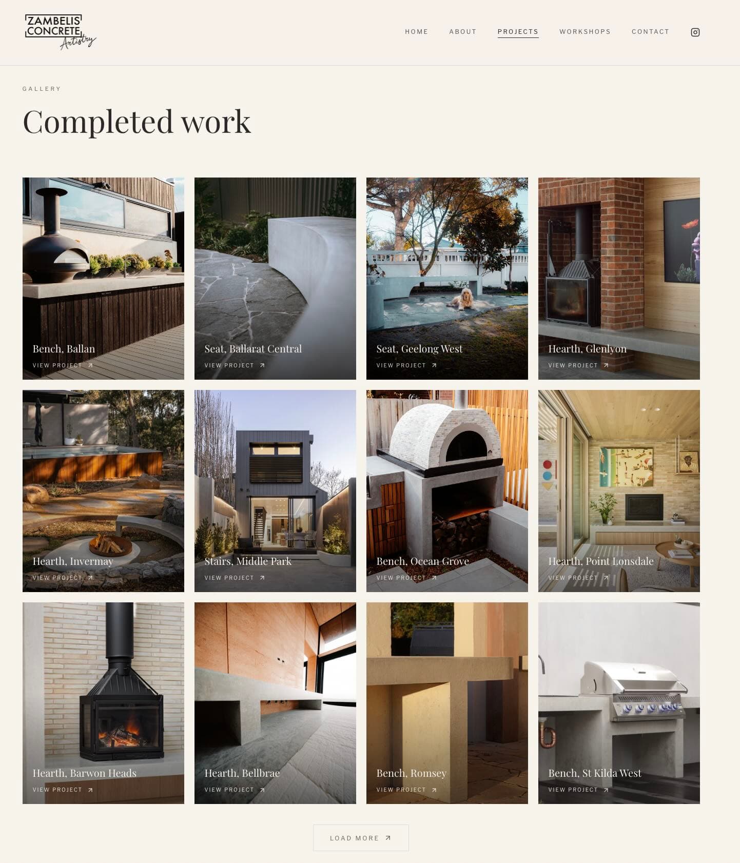 Zambelis Concrete Artistry projects gallery showing twelve completed concrete builds