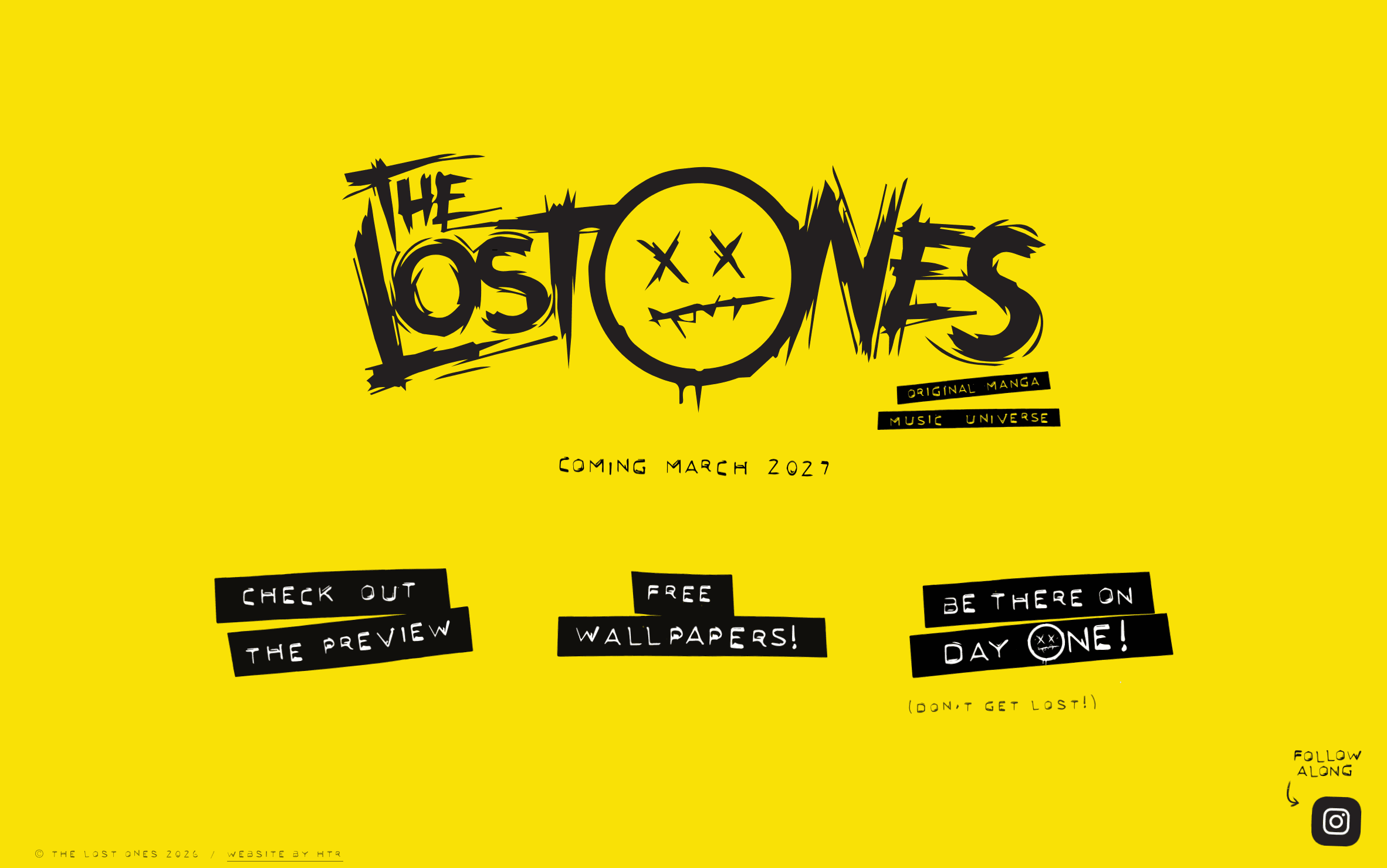 The Lost Ones home page with the hand drawn logo, the launch date, and buttons for the preview, wallpapers and signup