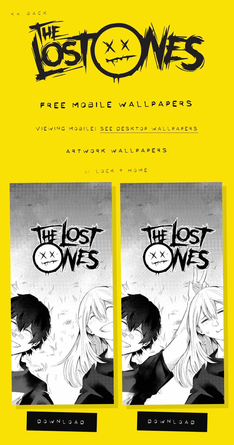 The Lost Ones wallpaper page on a phone, showing two manga artwork wallpapers with download buttons