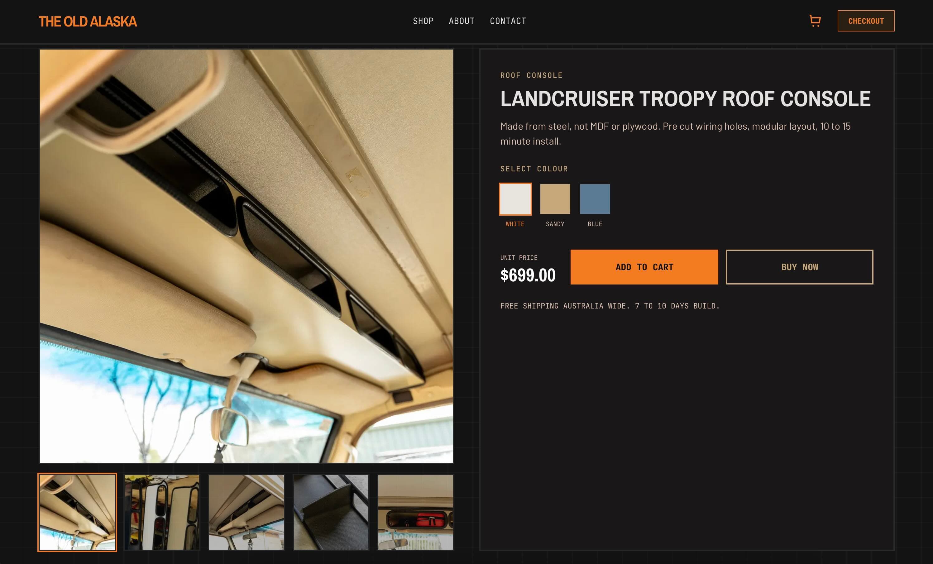 The Old Alaska product page with gallery, colour picker, add to cart and buy now